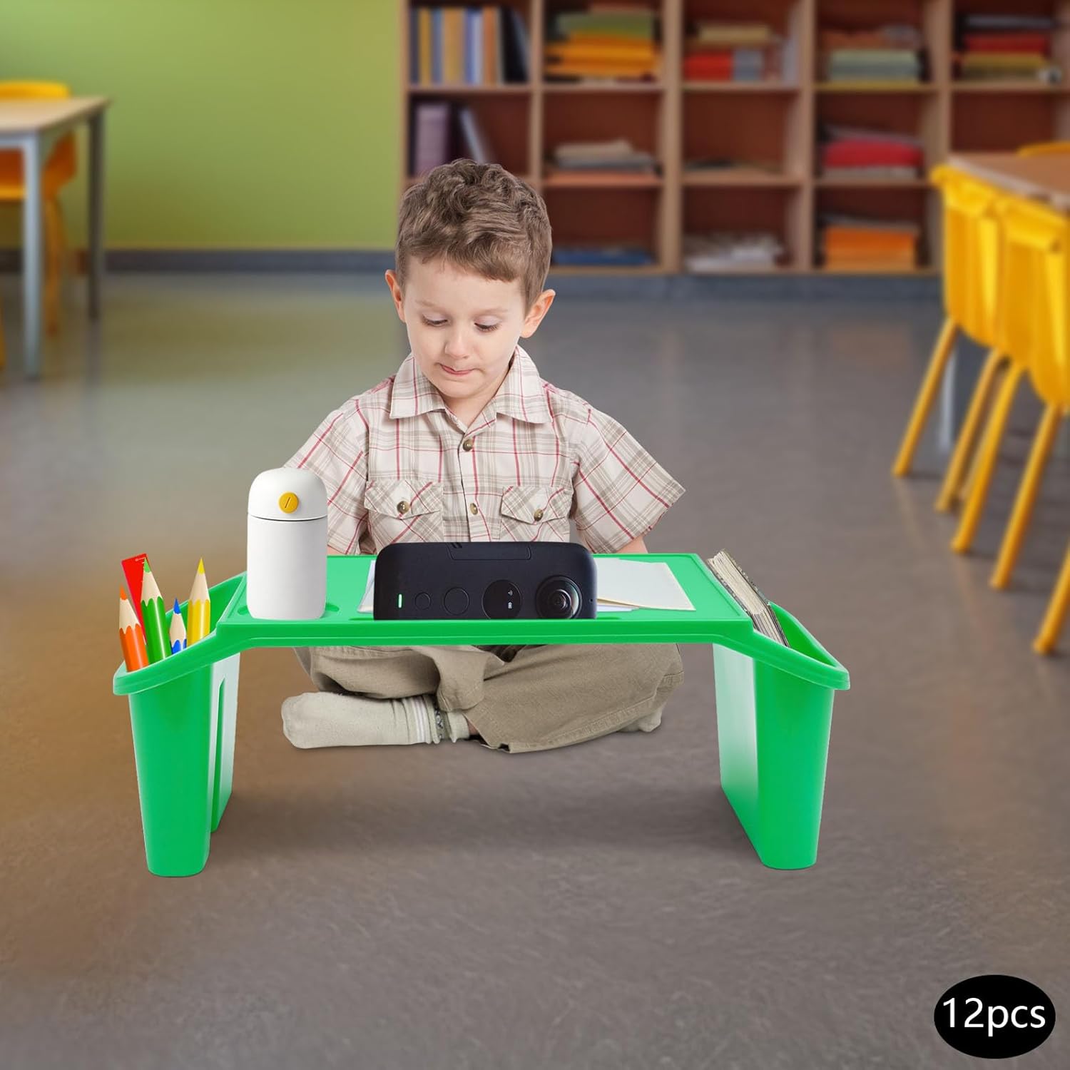 12 Pack Kids Lap Desk Tray with Storage Slots, Portable Lap Desk, Activity Tray, Drawing, Stackable, Writing, Eating, Classroom, 19.69" L x 9.84" W x 7.1" H (Green)