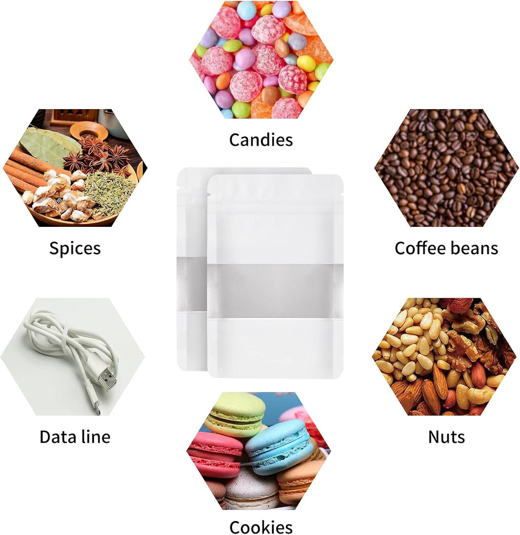 100 Pieces Smell Proof Mylar Food Storage Bags, Resealable with Clear Window, Foil Pouch Stand-up Self Sealing Supplies (White, 3.5 x 5 Inch)