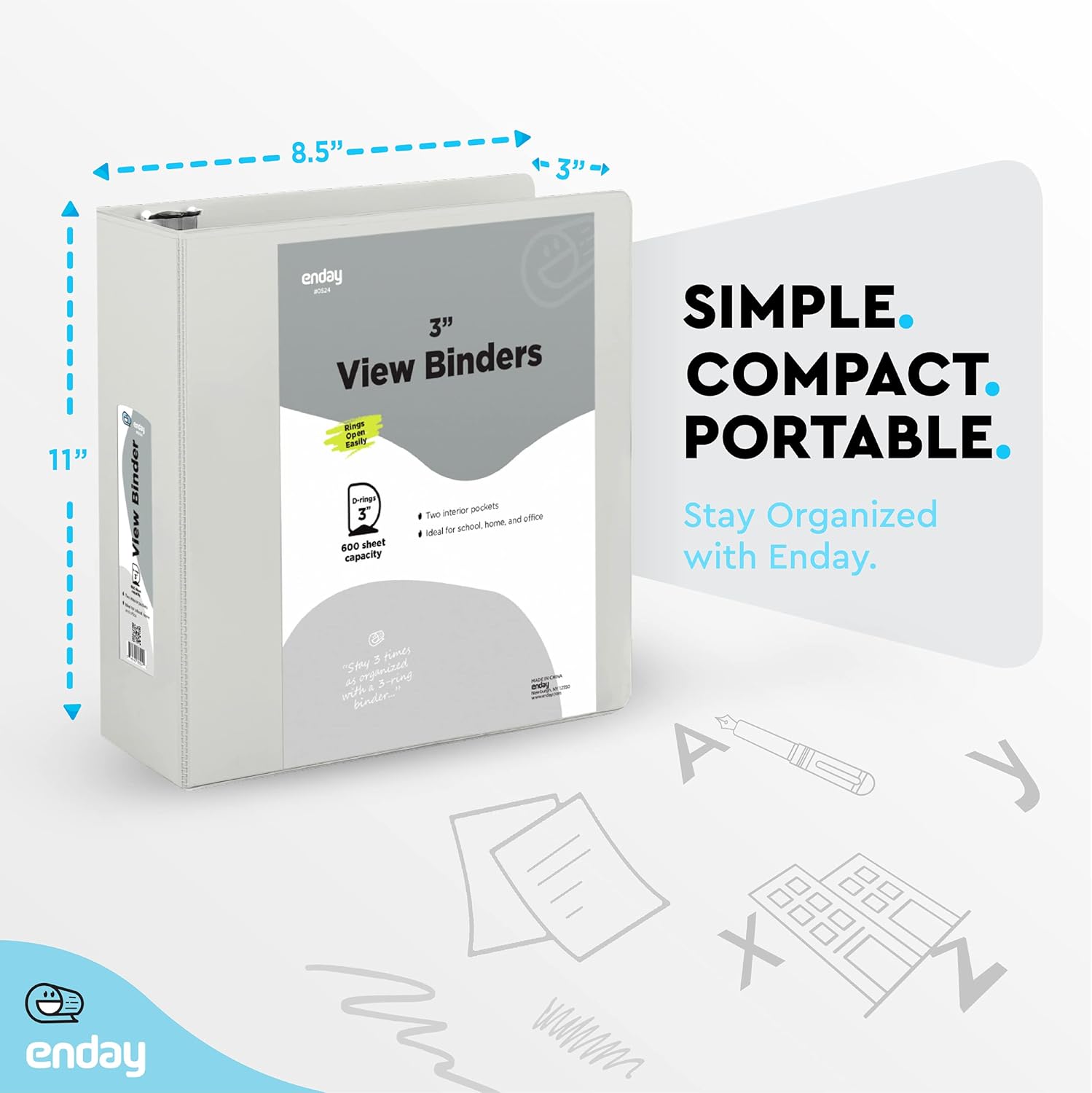 3 Slant D-Ring Binder 3 Inch Grey, 3 in Clear View Cover with 2 Inside Pockets Binder, Heavy Duty Colored School Supplies Binders,Also Available in Green, Red, Purple, Blue, Pink (6 PC) – by Enday