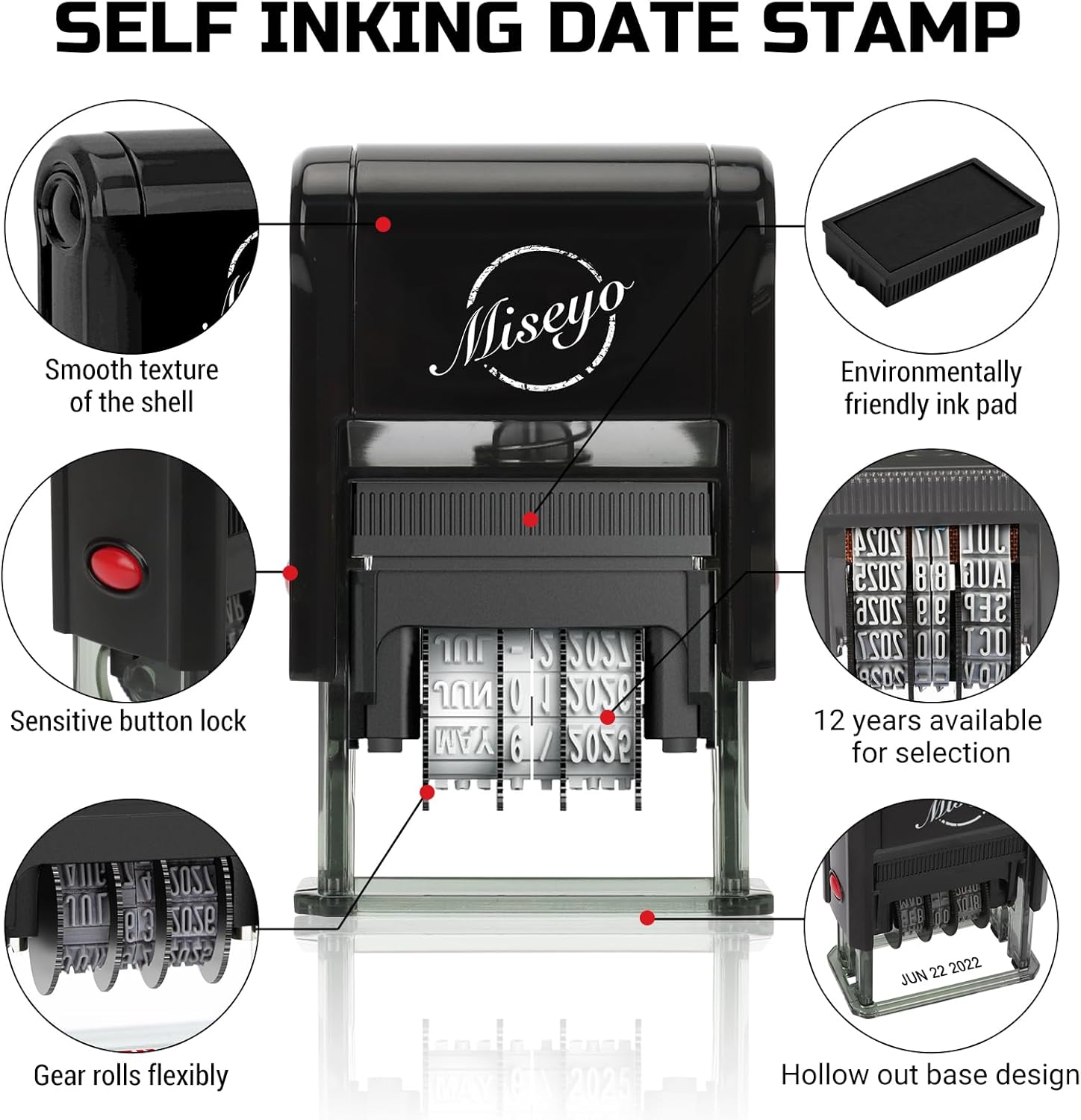 Miseyo Self Inking Date Stamp - Black (2 Black Refill Ink pad Included)