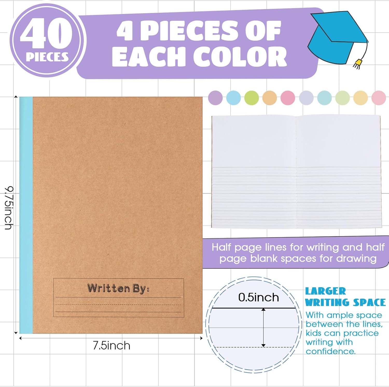 Henoyso 40 Pcs Primary Composition Notebook 9 3/4 x 7 1/2 Inch Kids Journal, Back to School Supplies, K-2 Primary Writing Notebook for Kids Student Draw and Write Story Journal (Colorful Macaron)