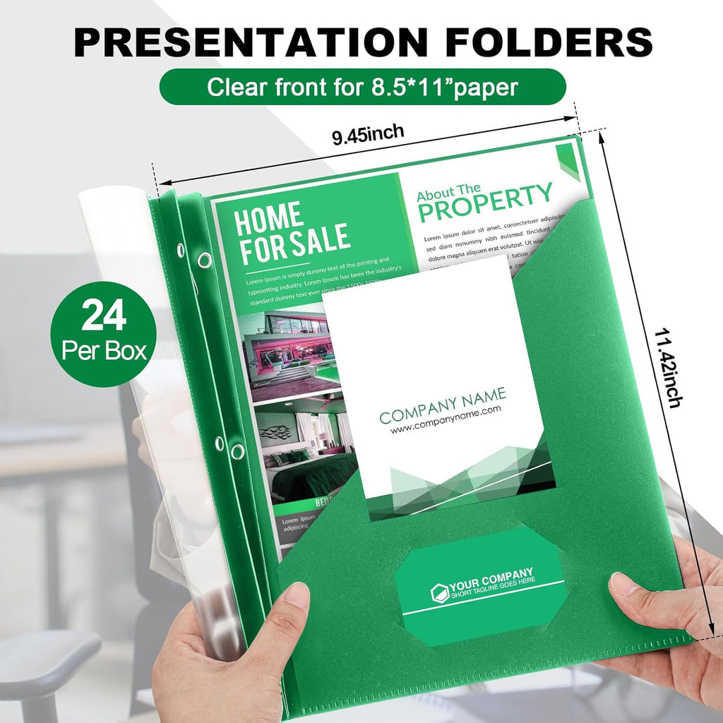 Teling 24 Pcs Clear Report Cover with 3 Prongs, Plastic Report Presentation Folders 90 Sheet Capacity Resume Document Covers for School Office(Green)