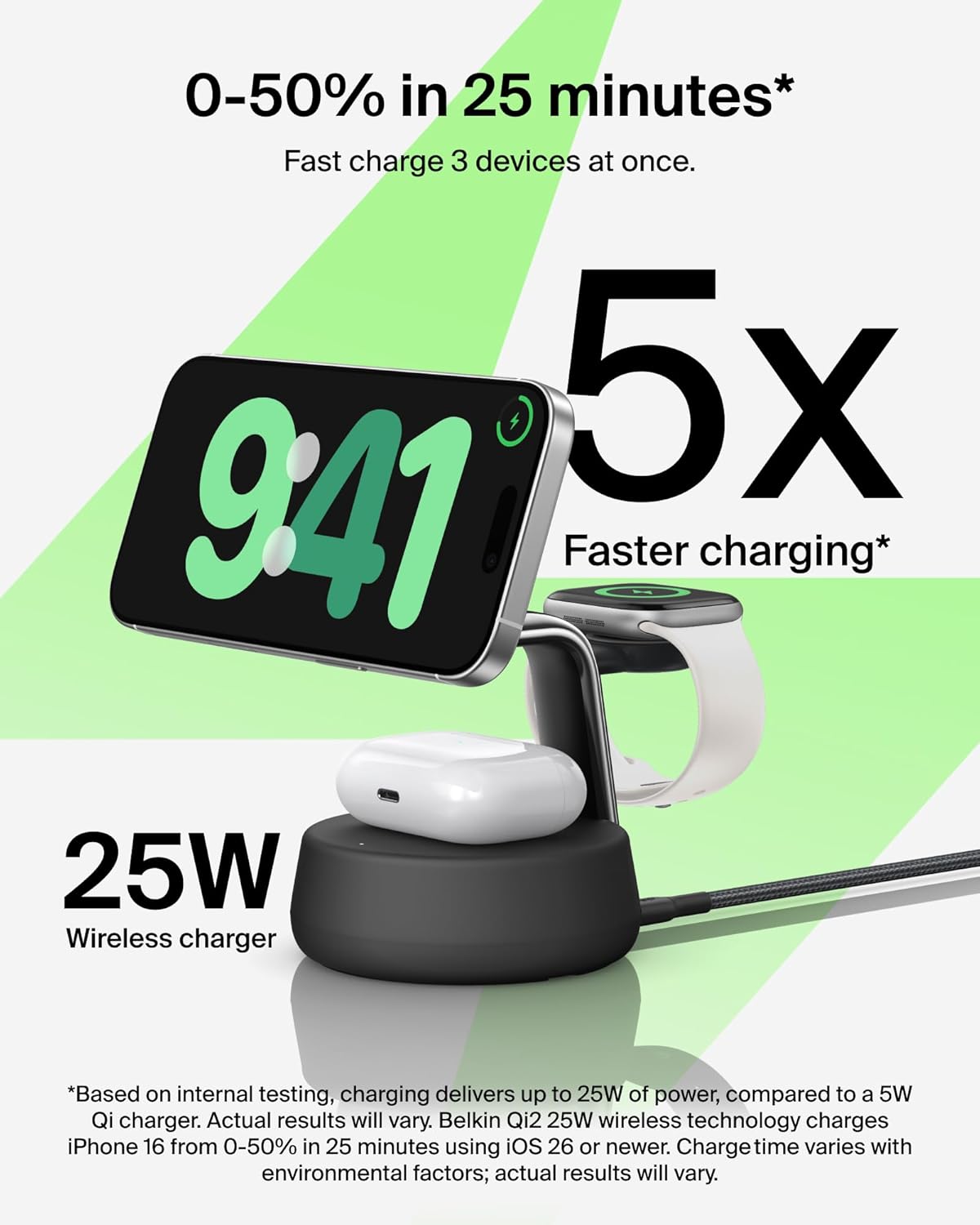 Belkin MagSafe Charger Compatible, 3-in-1 Charging Station, Qi2.2 25W w/Cooling Fan (On/Off Control) Magnetic Wireless Charger for iPhone 17, Apple Watch, AirPods, Pixel 10 (45W Adapter Included)