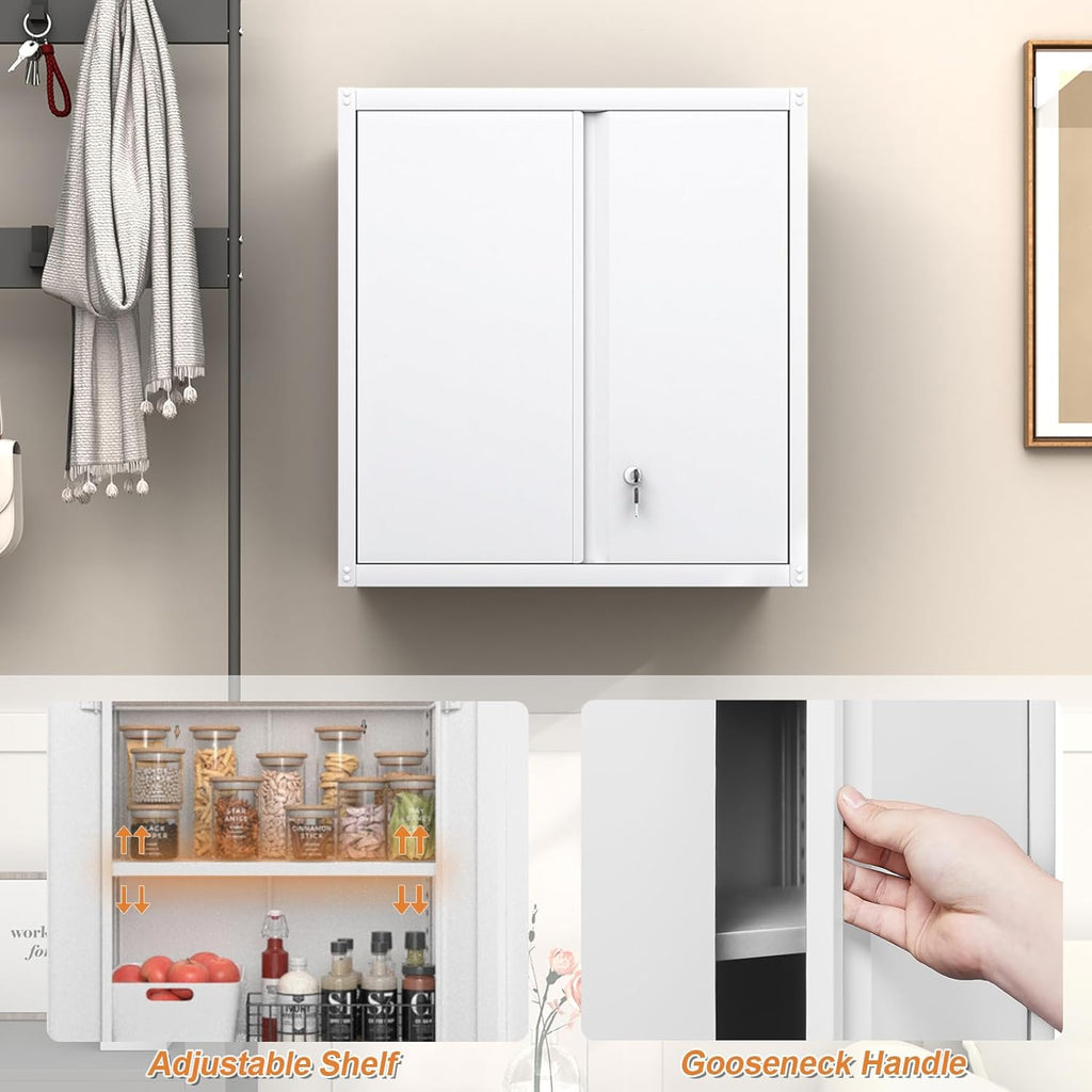 GREATMEET Locking Metal Wall Cabinet, Metal Wall Cabinets for Garage, Wall Mount Cabinet with Lock, Upper Cabinets Wall Mounted, Hanging Utility Cabinet with Adjustable Shelf