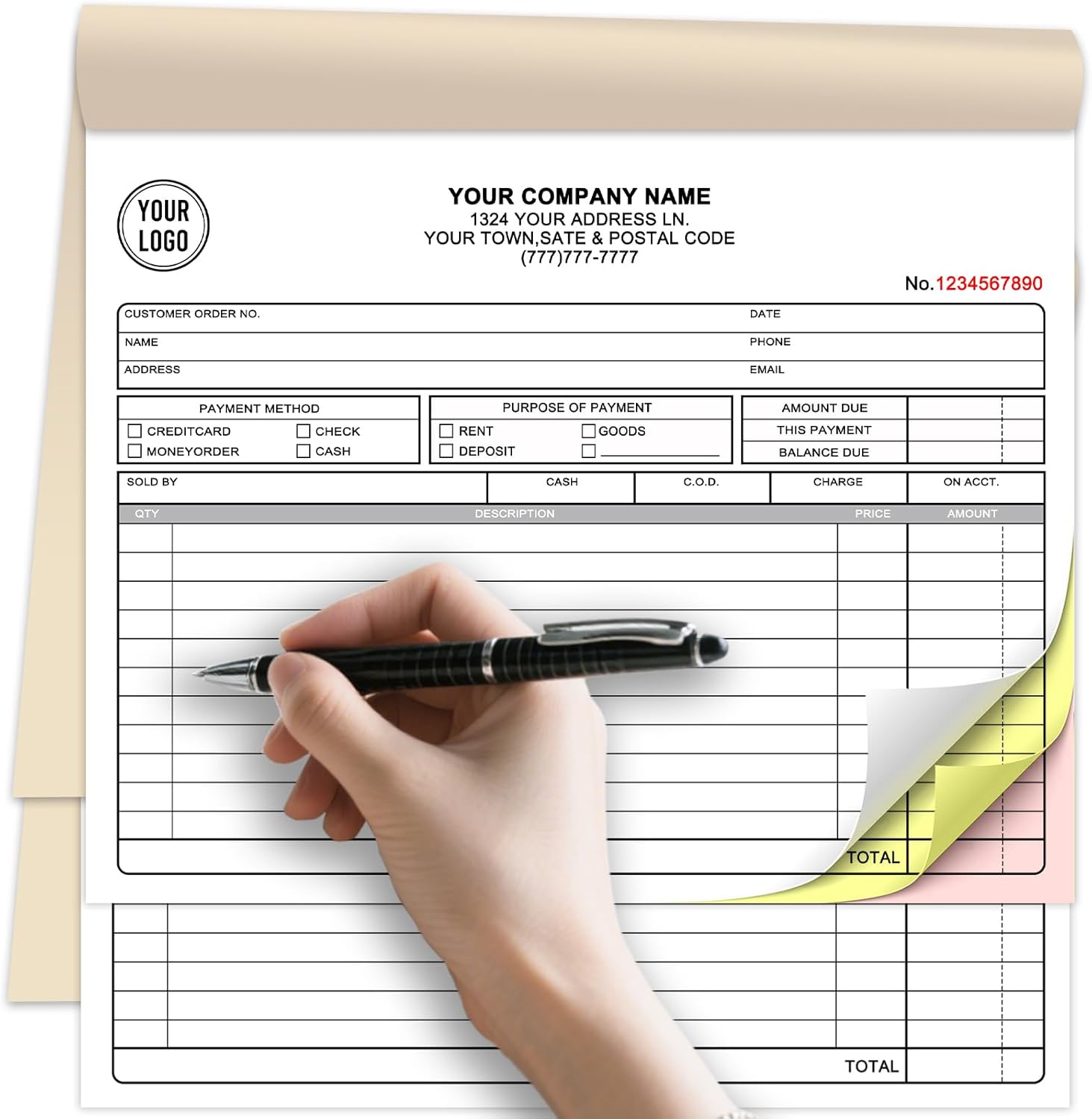 Custom Invoice Receipt Book for Small Business 8.5x7" Personalized 3-Part Contractor Duplicate Carbonless Sales Forms with Company Name Address Phone Number 150 Sets