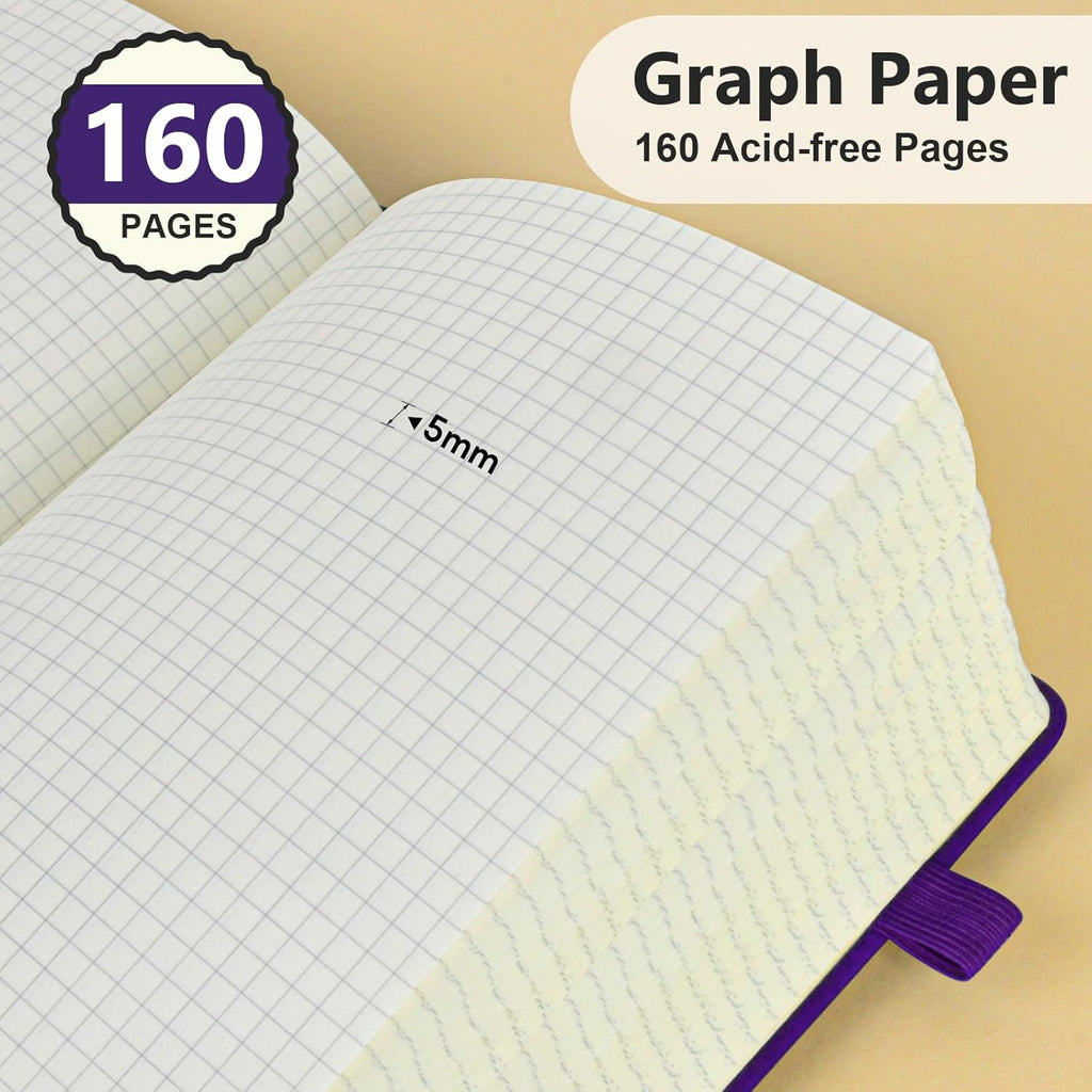 PERCUN Graph Paper Notebook, 160 Pages Grid Journal for women & men, A5 Hardcover Leather Graphing Notebook for School, Work, Travel, Note Taking 5.9”x8.5” (Purple)