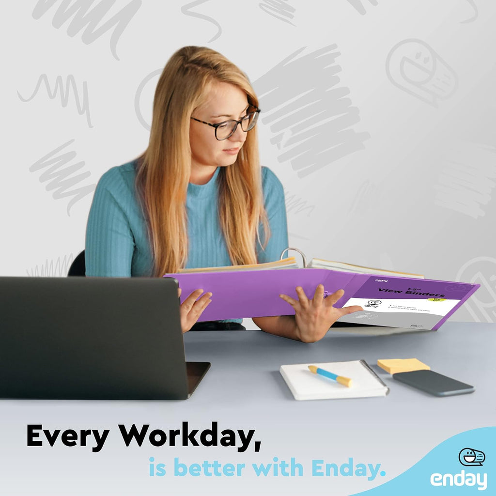 3 Ring Binder Purple, 1.5 Inch Clear View Cover with 2 Inside Pockets Binder, Colored School Supplies 1 ½ Inch Round Ring Binders, Also Available in Red, Blue, Pink, Green, and Grey (6 PC) – by Enday