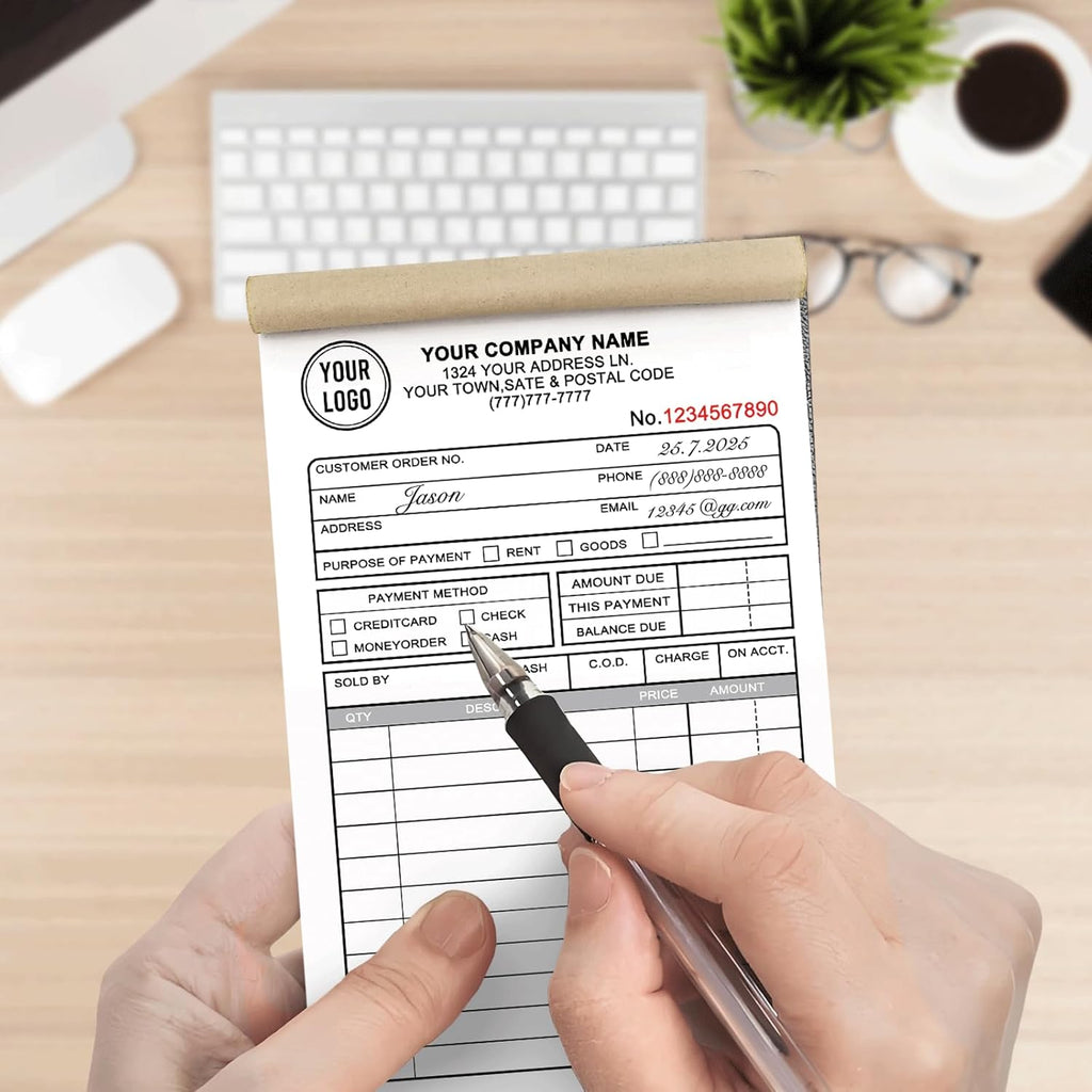 Custom Invoices Receipt Book for Small Business Personalized 2-Part Duplicate Carbonless Logo Receipt Books Sales Payment Forms with Company Name Address Phone Number 100 Sets 8.5" x 7"