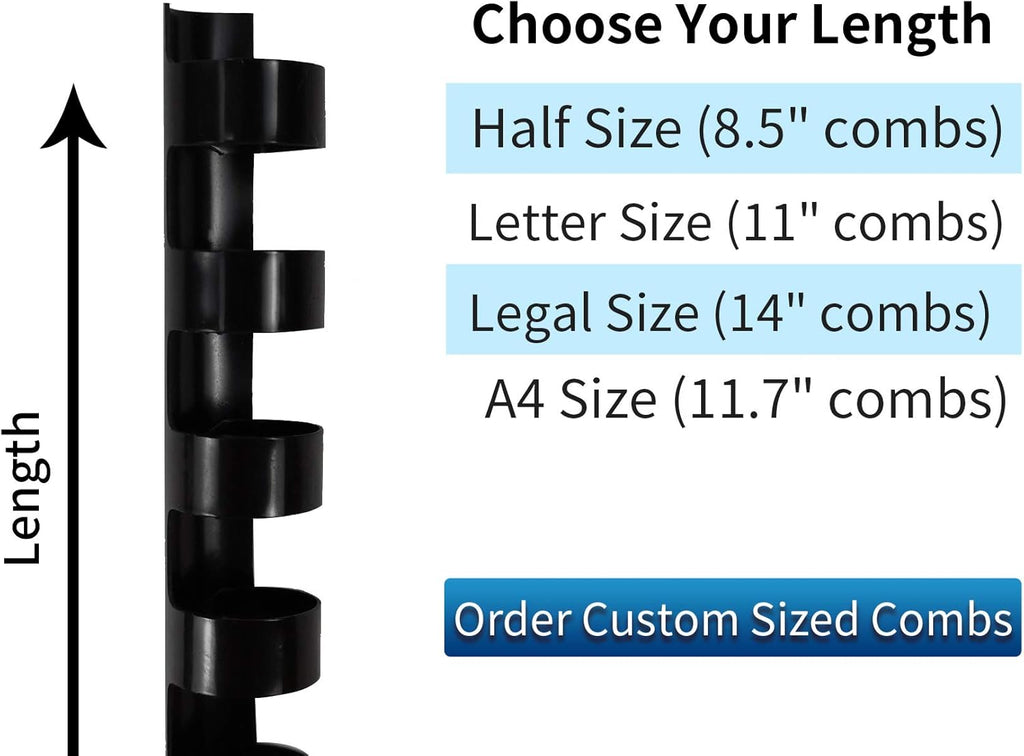 CR21-681012BK Binding Combs Plastic 21 Ring 25-90 Sheet Capacity, Max Binding A4 Size Paper, 1/4in, 5/16in, 3/8in, 1/2in, Black Multi-Size Pack of 100