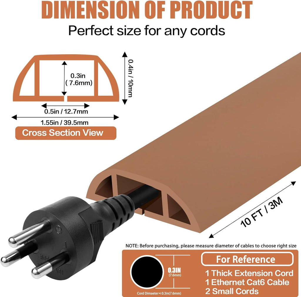 Floor Cord Cover Self Adhesive Cord Hider,10FT Cable Management, Extension Strip Protector for Wires, Prevent Cable Trips for Offices, Gyms, Exhibitions Cavity:0.51"(W) x 0.3"(H) Brown