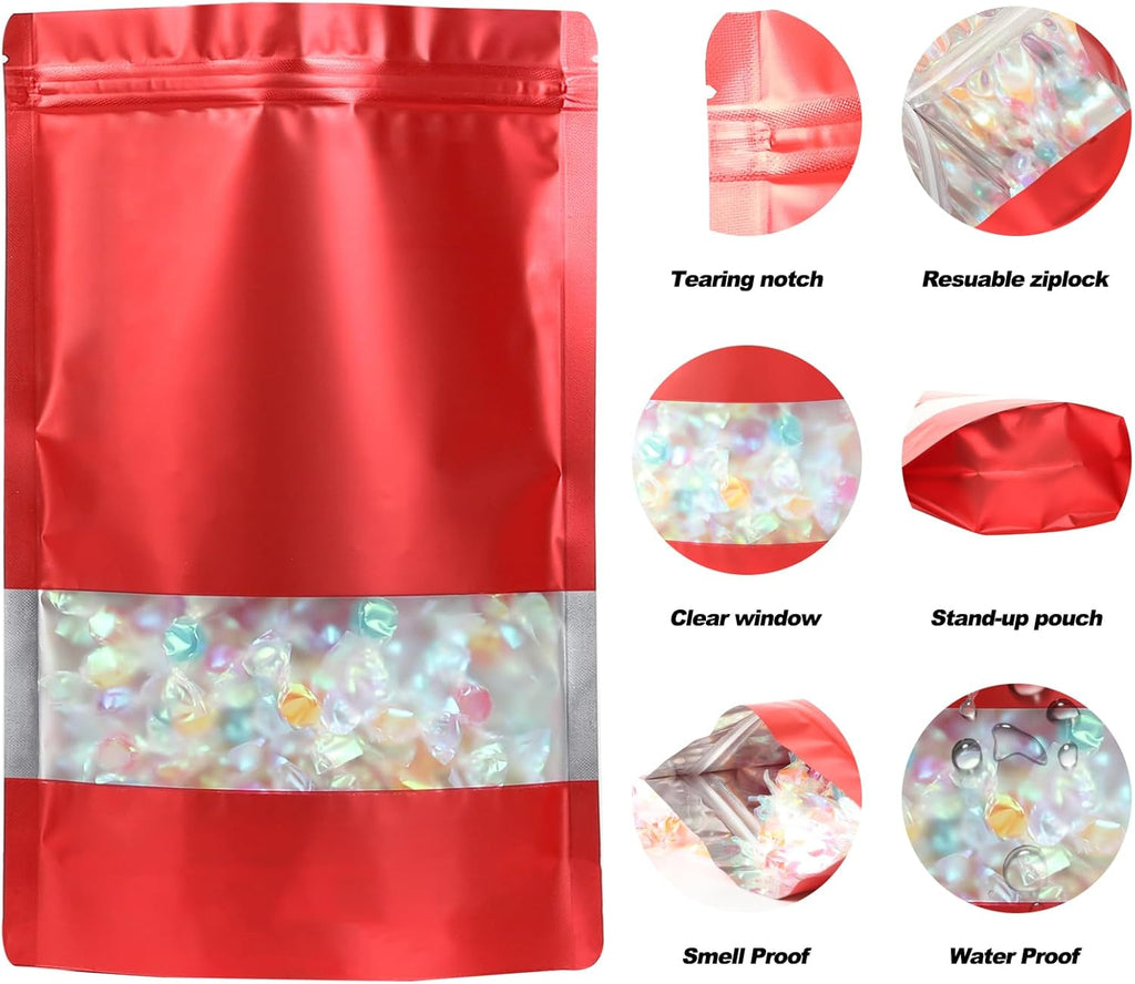 100 Pack Smell Proof Bags, Resealable Mylar Bags with Matte Window, Foil Pouch Stand-up Bags for Food Self Sealing Storage, Scratch Resistant Hand Storage Bags.(Red, 7×10 Inch)