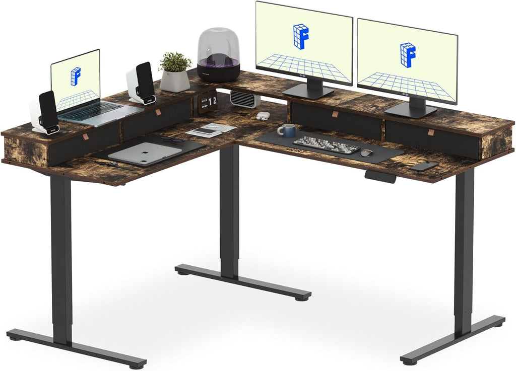 FLEXISPOT 63" L Shaped Standing Desk Electric Corner Table with Shelf, 4 Storage Drawers, Adjustable Computer Workstation for Home, Office, Game, Studio, Rustic Brown Top + Black Frame