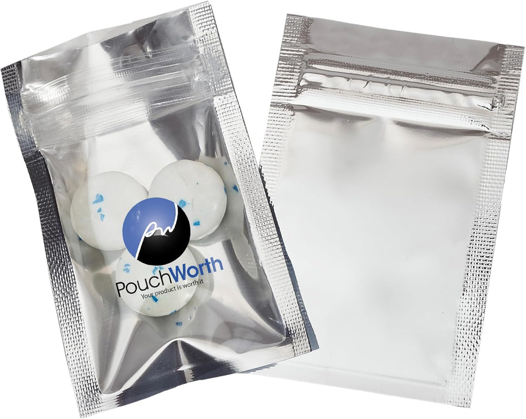 100 Pieces 2" x 3" Resealable Flat Pouch Bags Mylar Food Packaging with Clear Window and Tear Notches