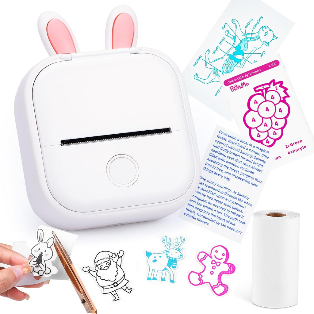Memoking Mini Portable Printer - T02 Inkless Pocket Thermal Sticker Maker Mini Sticker Printer Mobile Label Maker for Student, Gift, White (Bunny Case Not Included)