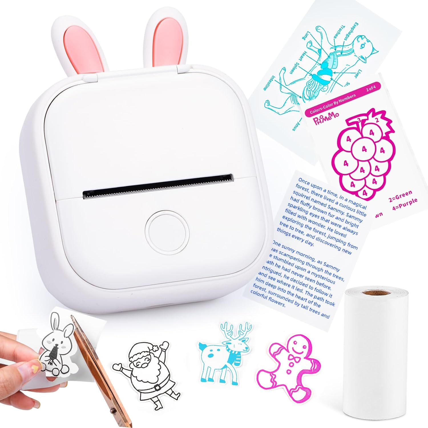 Memoking Mini Portable Printer - T02 Inkless Pocket Thermal Sticker Maker Mini Sticker Printer Mobile Label Maker for Student, Gift, White (Bunny Case Not Included)