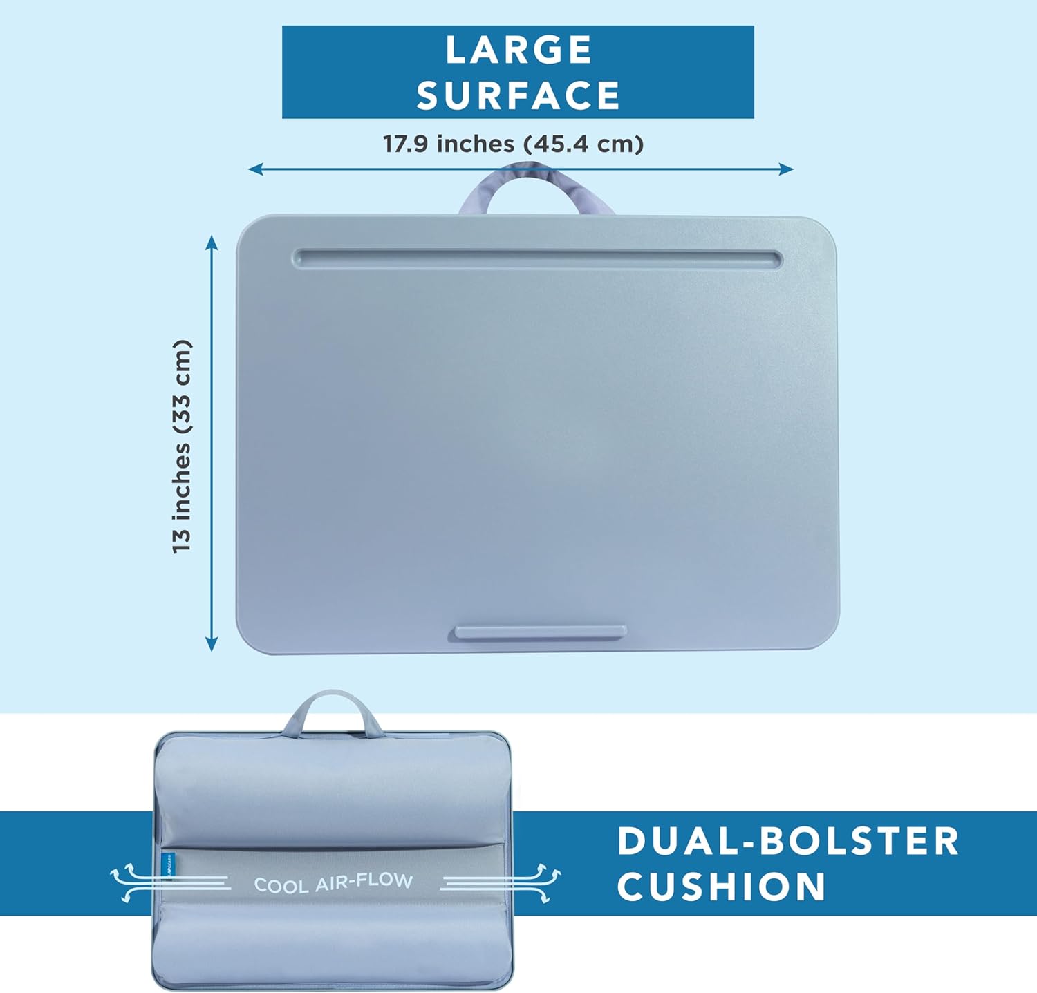 LAPGEAR Original Lap Desk – Large (17.9” x 13”) | Fits Up to 17.3” Laptops | Cushioned with Device Ledge, Pencil Tray & Handle | Portable & Lightweight | Sky Blue – Style No. 45153