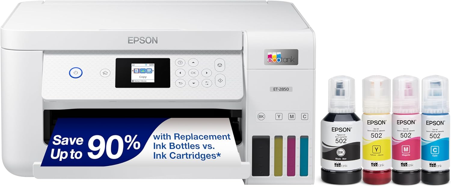 Epson EcoTank ET-4800 Wireless All-in-One Cartridge-Free Supertank Printer with Scanner & EcoTank ET-2850 Wireless Color All-in-One Cartridge-Free Supertank Printer with Scan