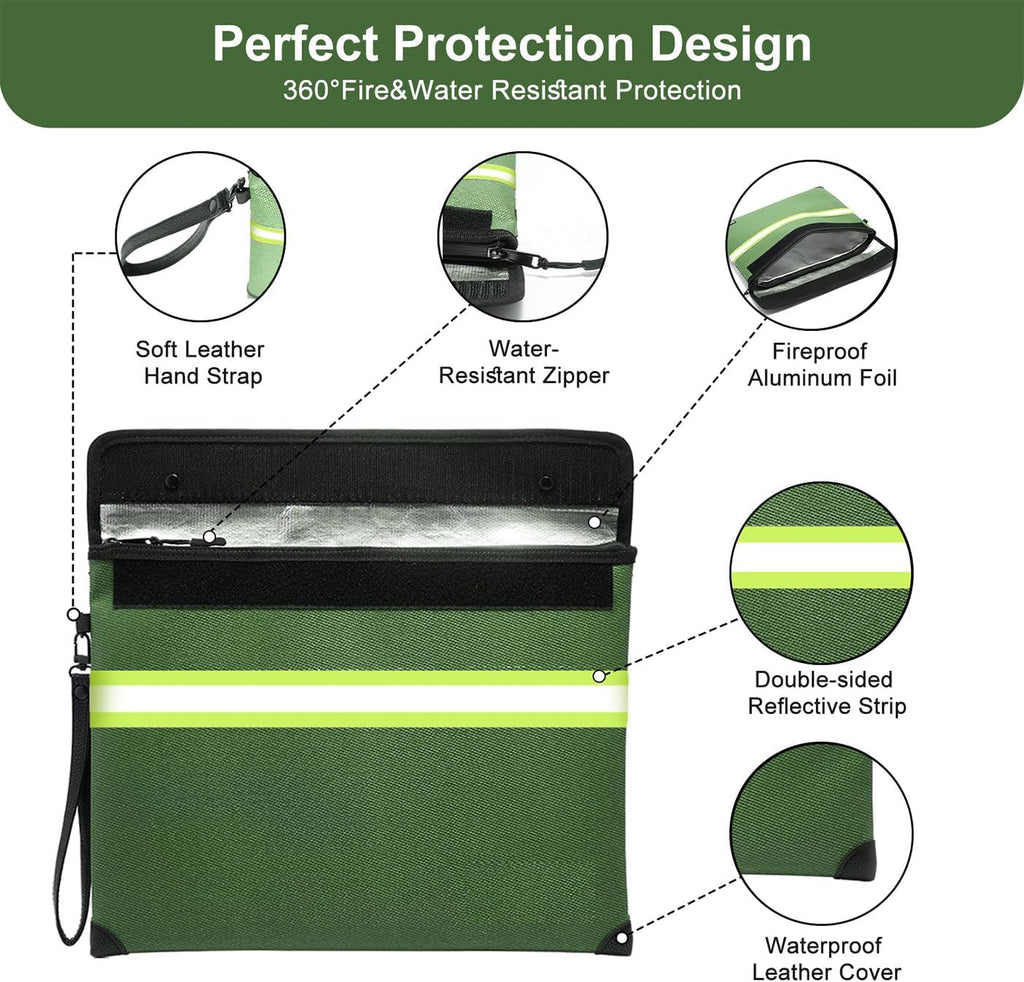 6500°F Fireproof Document Bag,Upgraded Fireproof/Waterproof Money Bag with Zipper/Reflective Strip,Storage Pouch for A4 Letter Size Document,Cash,Cell Phone,Passport
