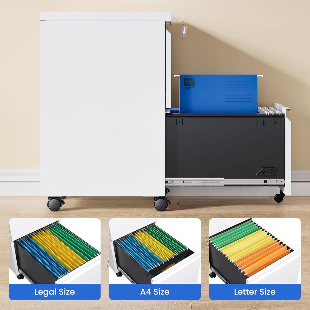MIIIKO 2 Drawer File Cabinet on Wheels, Home Office Mobile File Drawers Under Desk, Filing Cabinets with Drawers for Legal/Letter/A4 File Folders(White),Un-Assembled