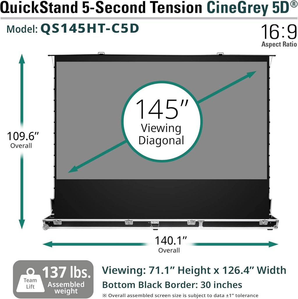 Elite Screens ALR/CLR QuickStand 5-Second Tab-Tension C5D, 145-inch Diag. 16:9, Manual Pull Up Projector Screen, ISF Material Ceiling Ambient Light Rejecting Movie 8K 4K Home Theater, QS145HT-C5D