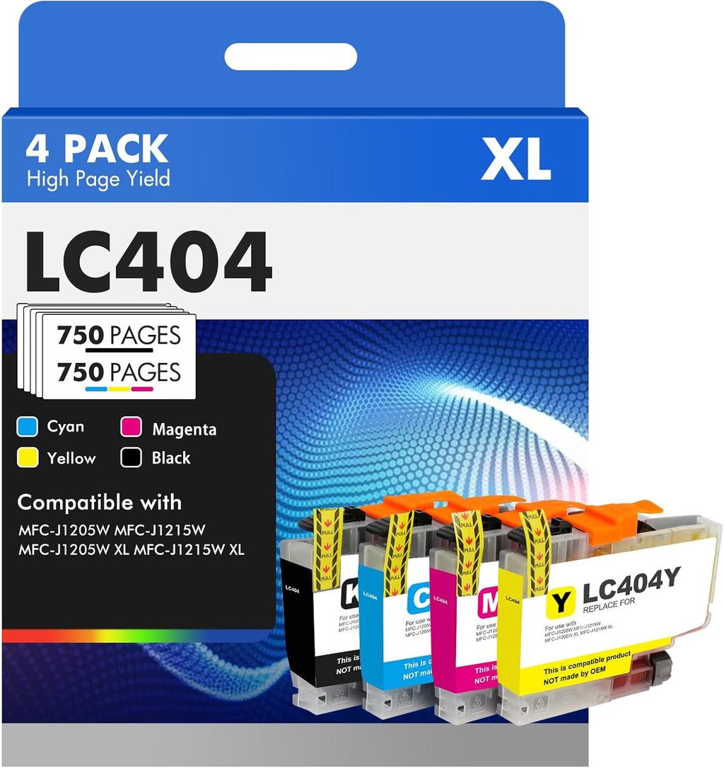LC404XL LC404 Ink Cartridges for Brother Printer 404XL LC 404 XL for MFC-J1205W MFC-J1215W MFC J1205W J1215W - 4 Pack High Yields Black Cyan Magenta Yellow