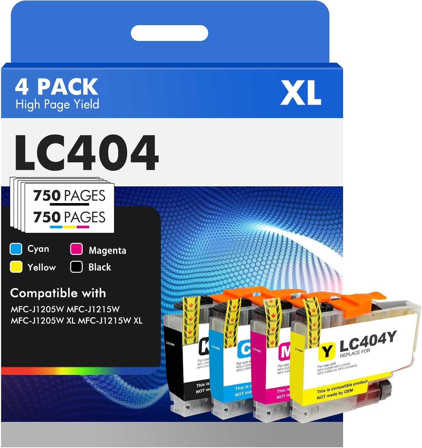 LC404XL LC404 Ink Cartridges for Brother Printer 404XL LC 404 XL for MFC-J1205W MFC-J1215W MFC J1205W J1215W - 4 Pack High Yields Black Cyan Magenta Yellow