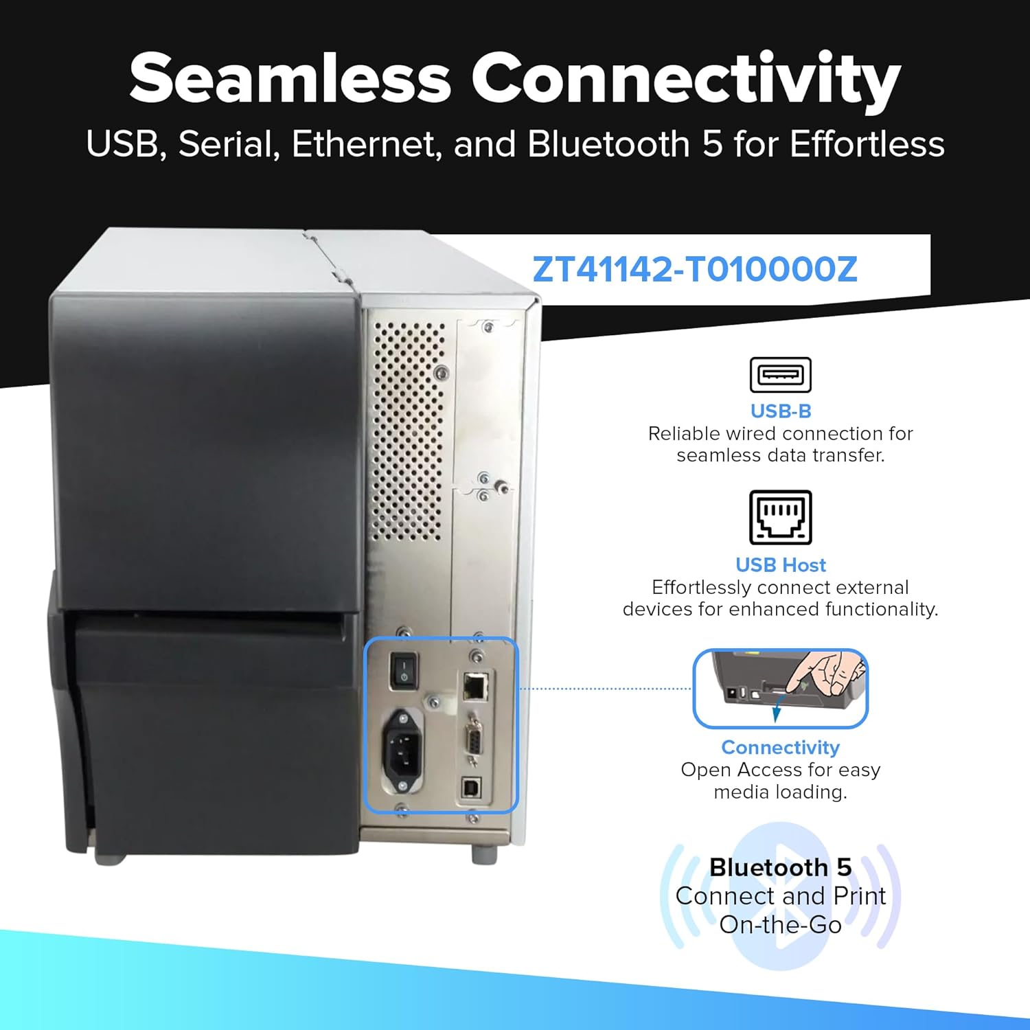 Zebra ZT411 203 DPI | Thermal Transfer & Direct Thermal | ZT41142-T010000Z Industrial Printer | Width 4 Inches Features Serial, USB, Ethernet & Bluetooth Connectivity