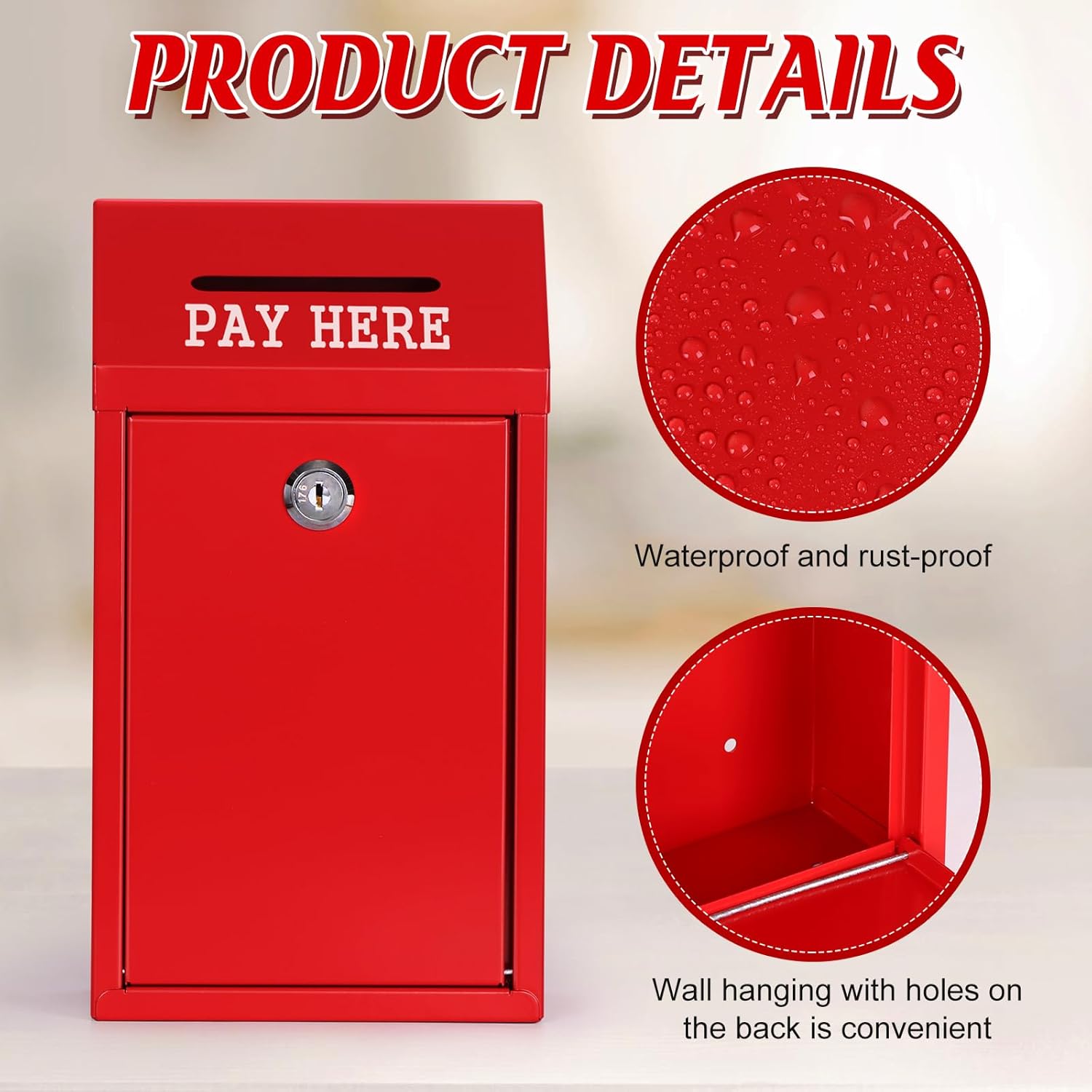 Metal Donation Box Collection Safe Suggestion Box with Lock Wall Mounted Mailbox Delivery Ballot Case Key Drop Case for Home Office Outdoor Door (Red, 10.24 x 5.71 x 2.95 Inch)