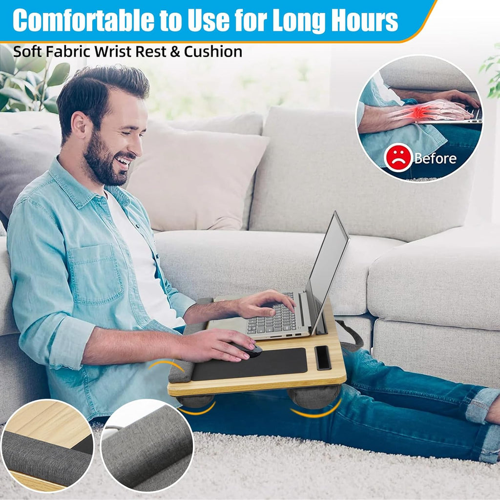 Natural Wood Laptop Tray for Lap - Portable Laps Desk for Lap with Cushion, Lightweight Laptop Lap Tray with Mouse Pad, Fits Laptops Up to 17 Inches, Built-in Mouse Pad, Tablet Phone Holder, Beige