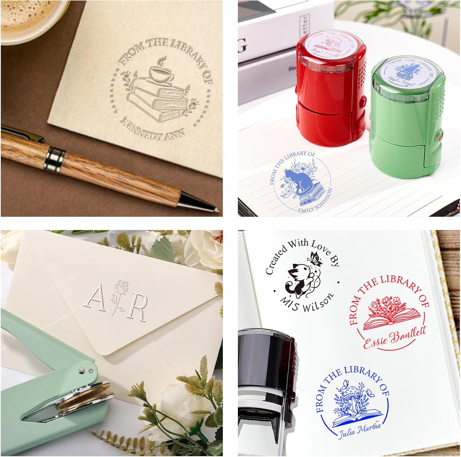 Personalized Book Embosser Stamp with Handle Set, Custom Self-Inking Library Stamp with Name & Design, Elegant Invitation Seal from Library Stamp Kit, Birthday, Book Lover Gifts（Books & Coffee）