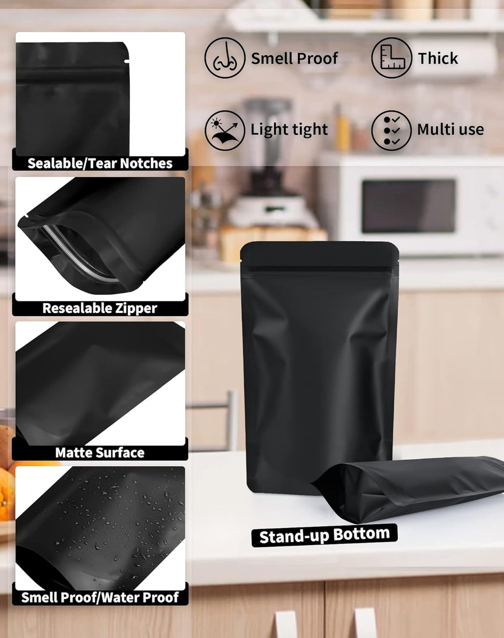 100 Pack Resealable Stand Up Bags,7.1" x 10.2" Smell Proof Pouch Sealable Foil Pouch Bags for Packaging (Black)