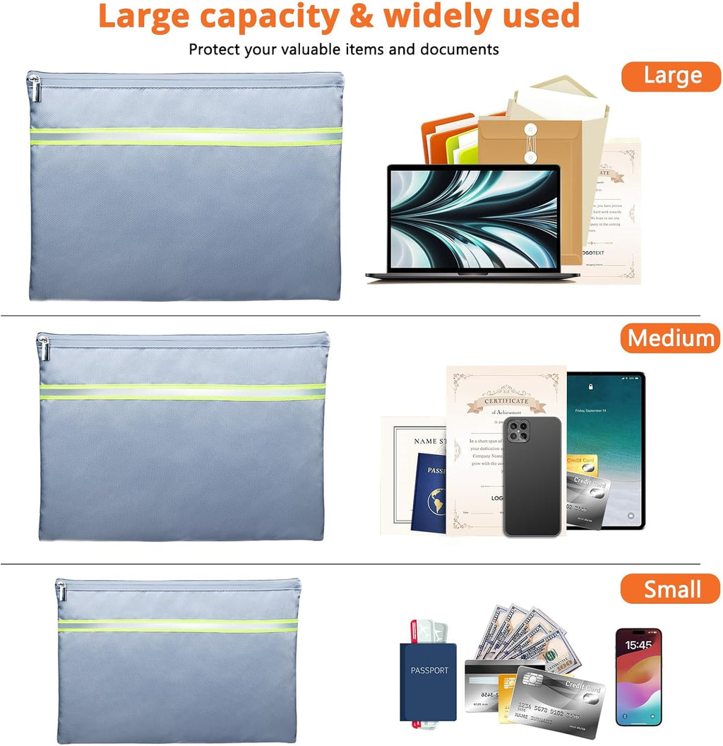 Fireproof Document Bag – 3 Pack (15" x 11", 13" x 9.7", 10.5" x 8") Fireproof & Water- proof Document Organizer | Document Holder with Zipper Secure for Cash, Passports, Check& More