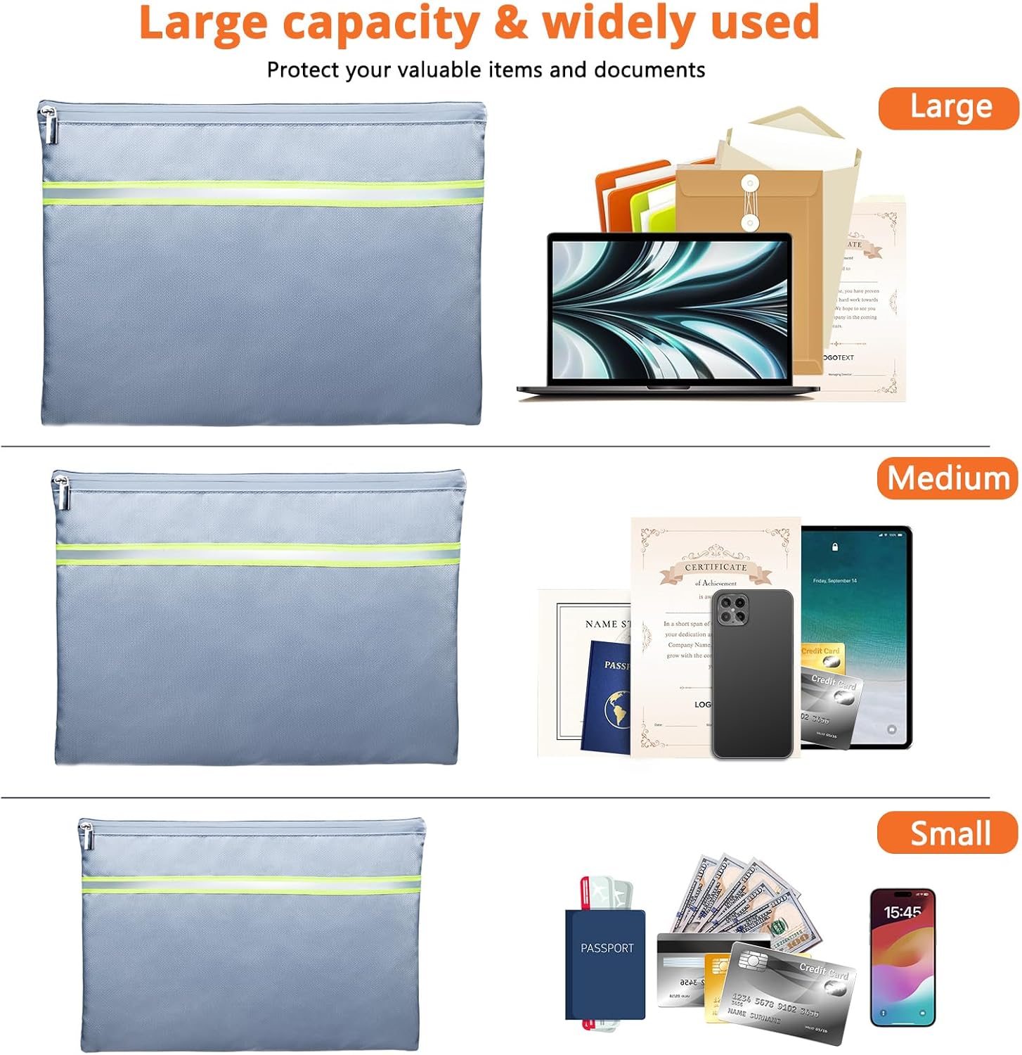 Fireproof Document Bag – 3 Pack (15" x 11", 13" x 9.7", 10.5" x 8") Fireproof & Water- proof Document Organizer | Document Holder with Zipper Secure for Cash, Passports, Check& More