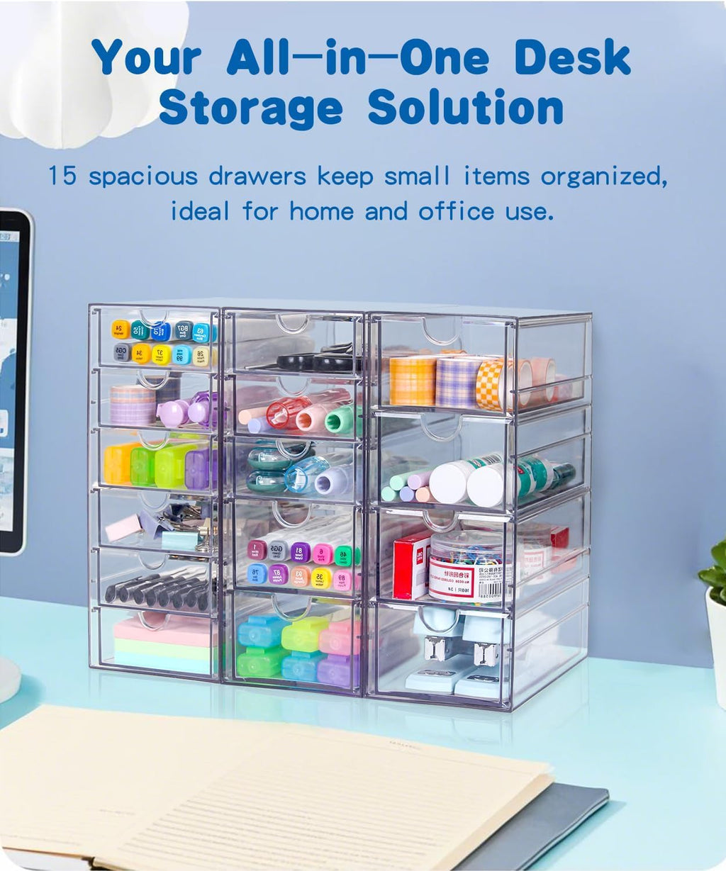 Clear Acrylic Organizer with Drawers | 15-Drawer Desktop Unit | Makeup & Desk Organization and Storage Box for Office, Craft, Vanity Table, Bathroom, Home Essentials