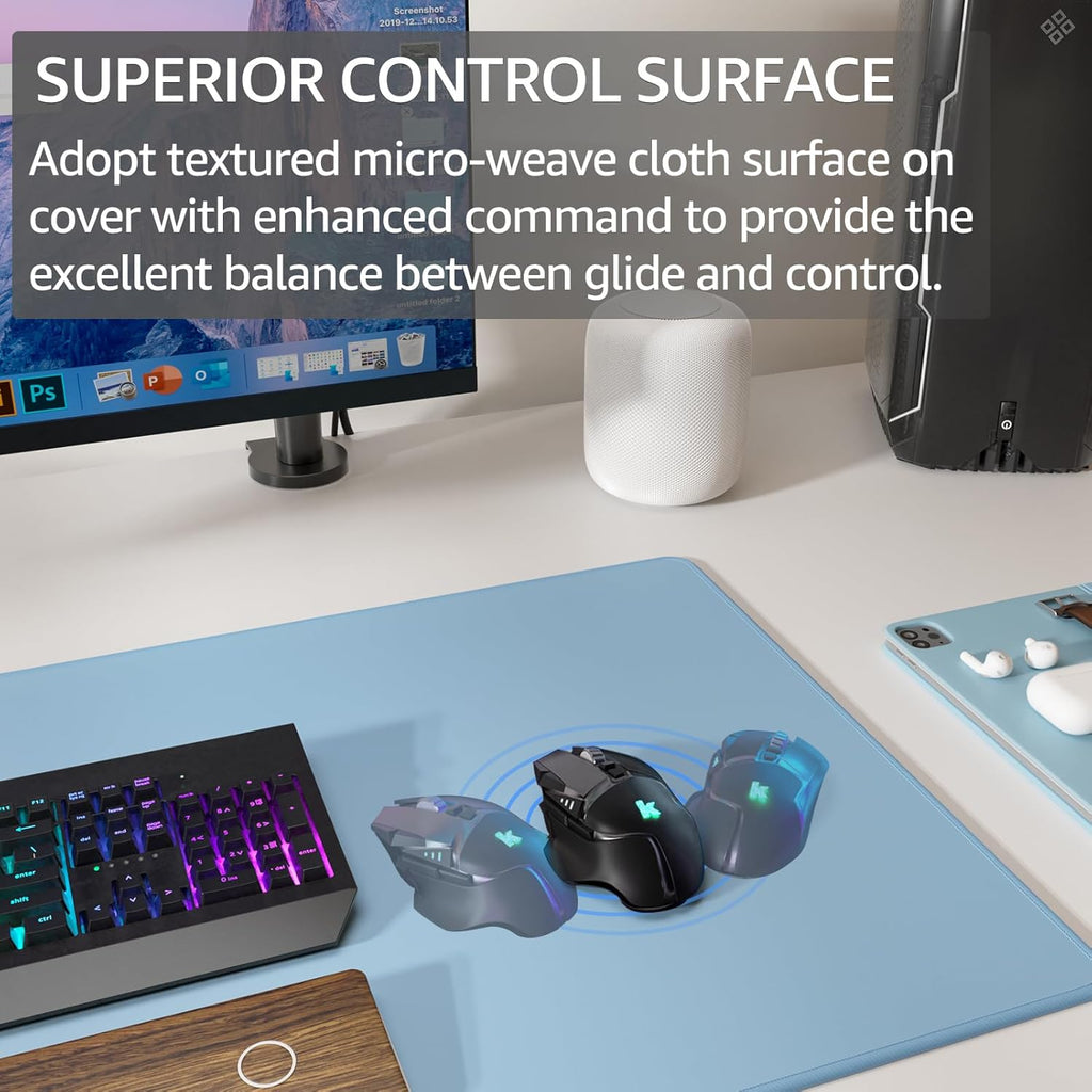 KTRIO Large Gaming Mouse Pad with Stitched Edges, Extended Mousepad with Superior Micro-Weave Cloth, Non-Slip Base, Water Resist Keyboard Pad for Gamer, Office & Home, 31.5x15.7in, Ice Blue