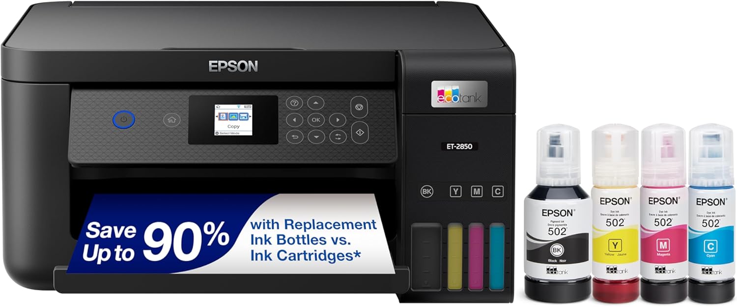 Epson EcoTank ET-2850 Wireless Color All-in-One Cartridge-Free Supertank Printer with Scan, Copy and Auto 2-Sided Printing - Black, Medium