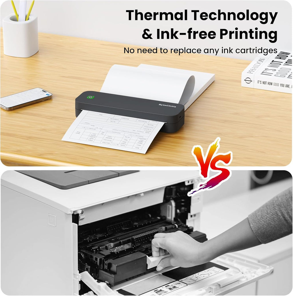 Portable Printer for Travel, Bluetooth Thermal Printer Supports 8.5 x 11 Inch US Letter Size, Compatible with Android and iOS & Laptop Inkless Mobile for Office, Car, School