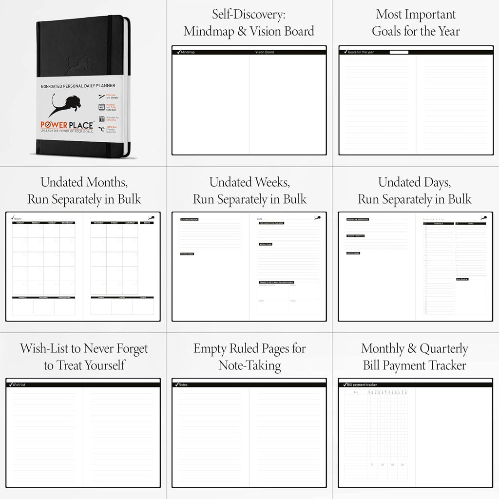 Daily Planner, Calendar & Life Organizer to Improve Time-Management, Productivity & Happiness | Vegan Leather Hardcover Notebook with Blank Dates, Undated 6 Months Hourly Planner for Men & Women, 24 Hour Agenda (Black)