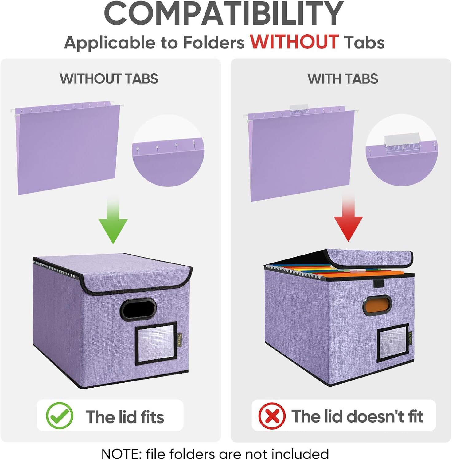 BALEINE File Organizer Box with Lid, Collapsible File Folder Organizer with Plastic Slide, Hanging File Folder Box for Office Document Storage (1 Pack, Purple)