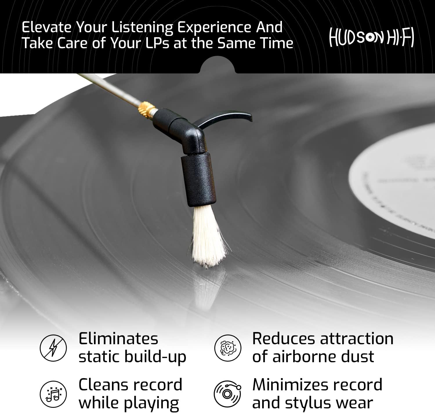 Hudson Hi-Fi Anti-Static Cleaning Arm - Adjustable, Universal Fit - Defy Damage, Perfect Playback - AutoMagically Cleans as LP Plays to Remove Dust & Static, End Needle Skipping, Popping