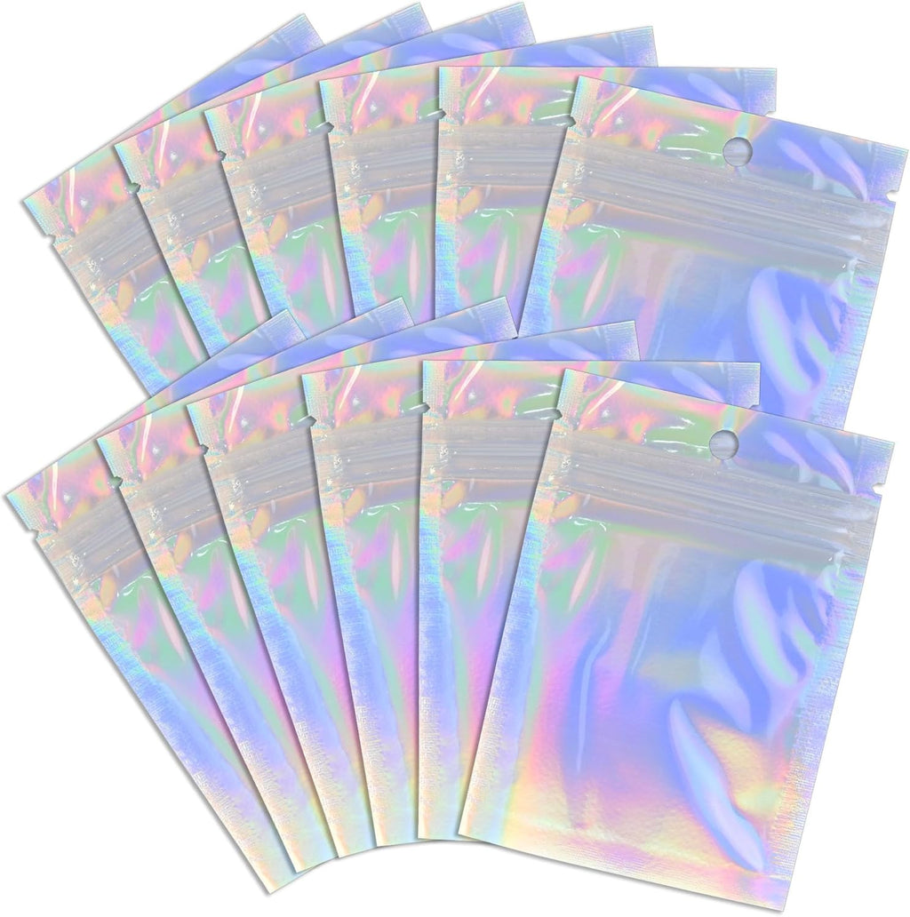 100 Pack Holographic Resealable Plastic Bags for Food Storage, Zipper Bags with Clear Front Window, Packaging Pouch for Small Business (100 Pack, 3x4.8 inch)