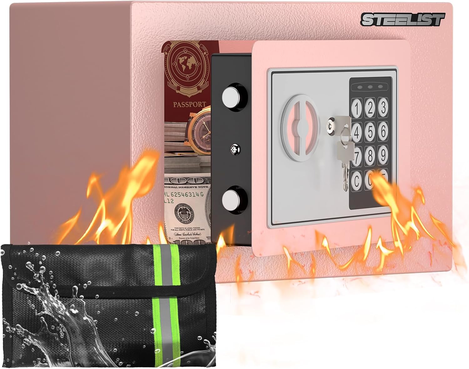 Home Safe, 0.23 Cubic Pink Safety Box, SafeBox for Money, Steel Security Box with Key, Firesafe Waterproof Safe Box, Safes for Money, Jewelry, Hotel or Business, Mini Safes for Personal Items