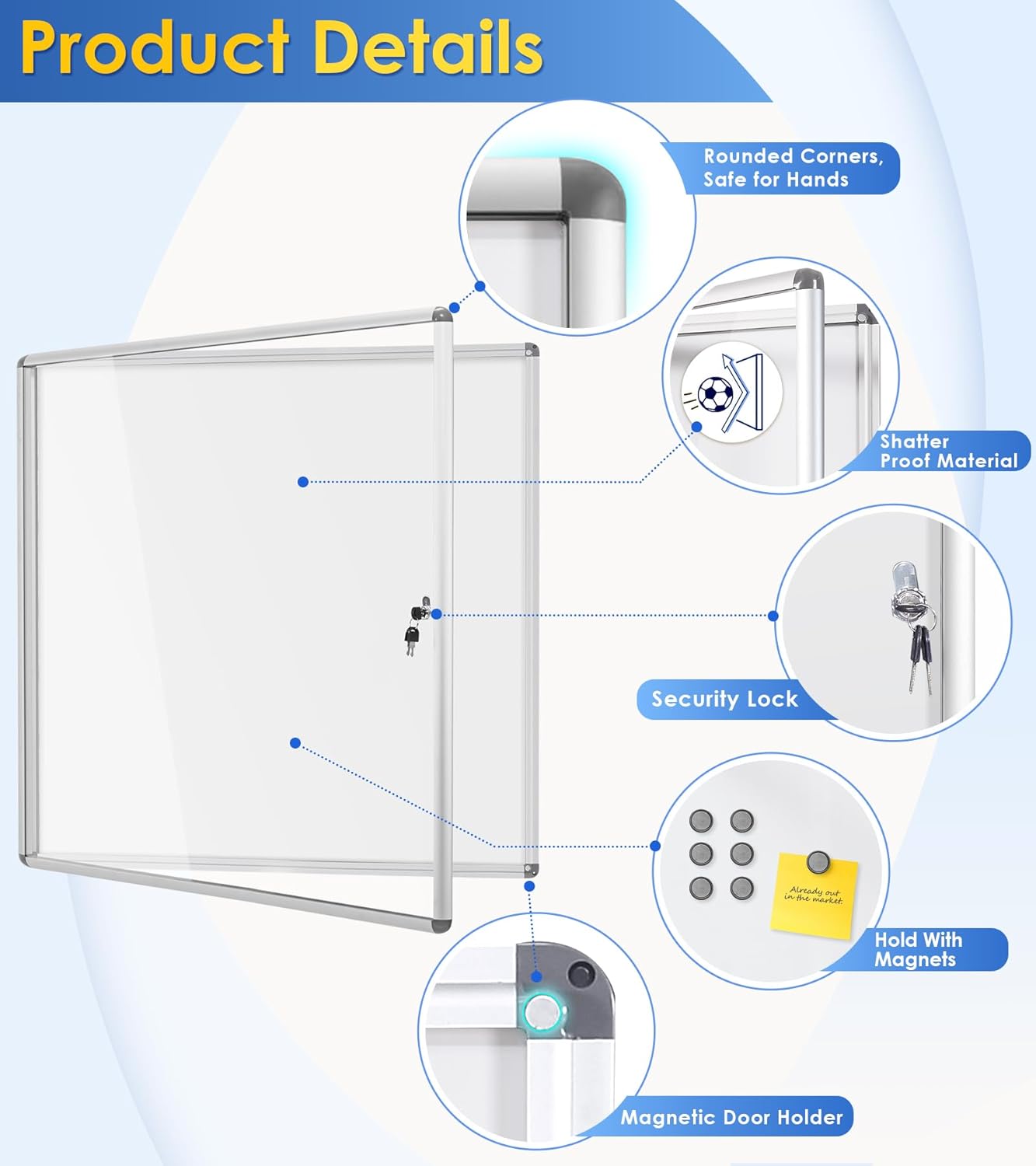 SWANCROWN Locking Bulletin Boards Enclosed Noticeboard White Glass Message Boards Indoor for School Office 38x38 inches (12xA4)