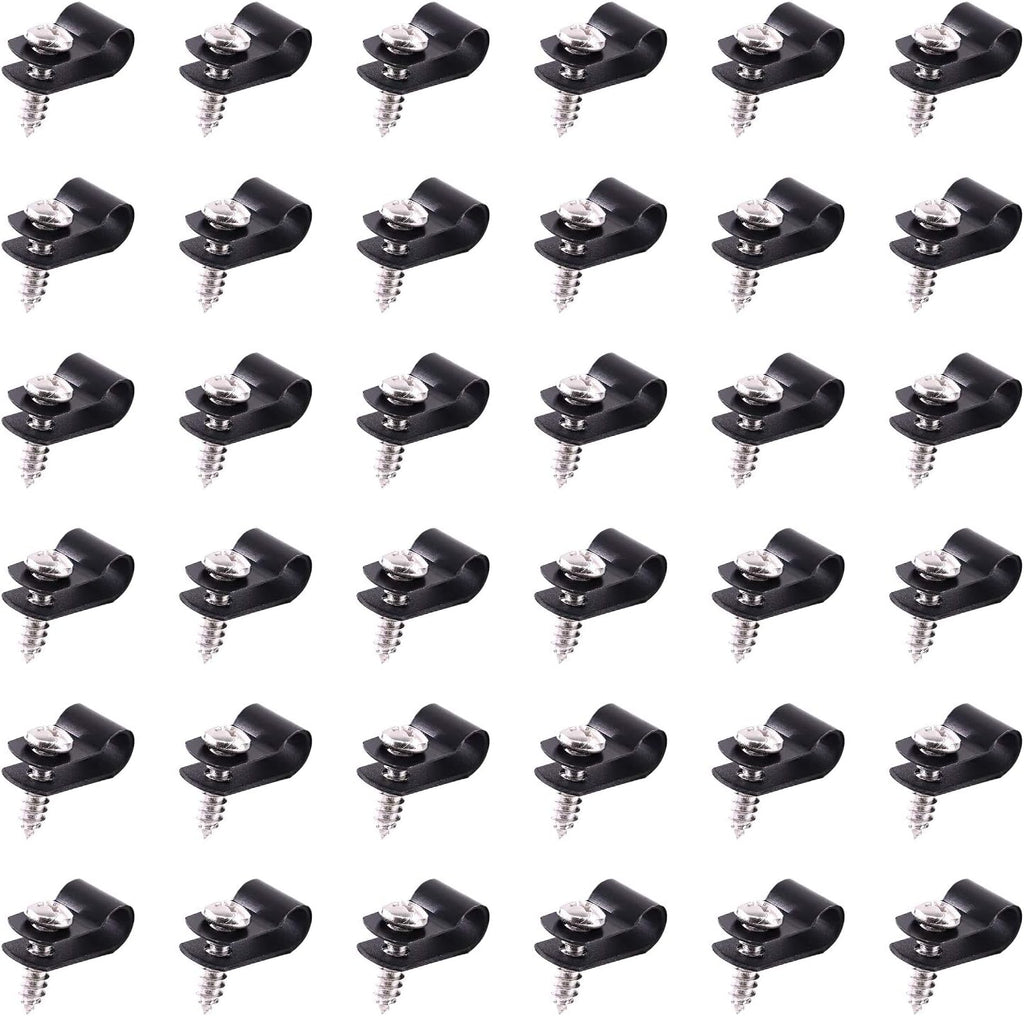 Swpeet 60 Pack Black 1/4 Inch Nylon Plastic R-Type Cable Clips Clamp Kit, Nylon Screw Mounting Cord Fastener Clips with 60 Pack Screws for Wire Management