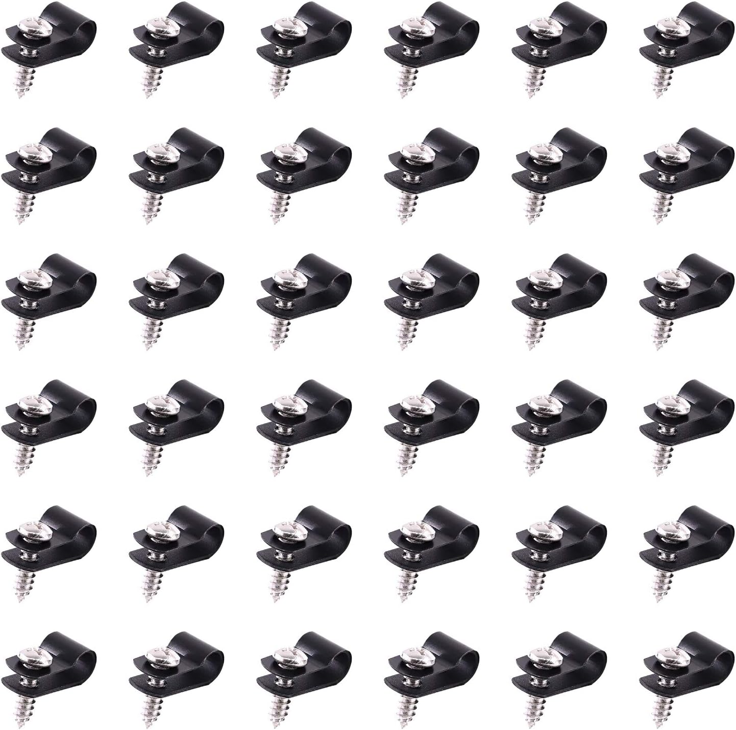 Swpeet 60 Pack Black 1/4 Inch Nylon Plastic R-Type Cable Clips Clamp Kit, Nylon Screw Mounting Cord Fastener Clips with 60 Pack Screws for Wire Management