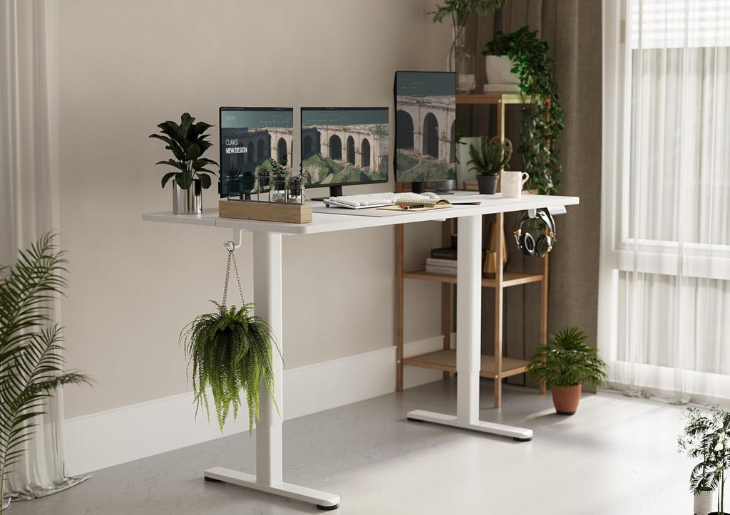 Claiks Electric Standing Desk, Adjustable Height Stand up Desk, 63x24 Inches Sit Stand Home Office Desk with Splice Board, White Frame/White Top