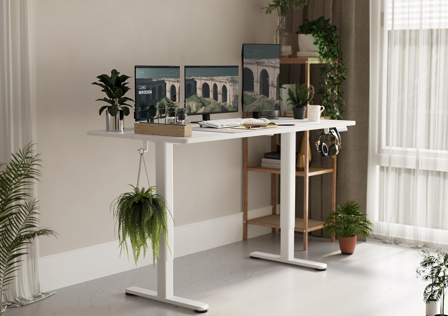 Claiks Electric Standing Desk, Adjustable Height Stand up Desk, 63x24 Inches Sit Stand Home Office Desk with Splice Board, White Frame/White Top