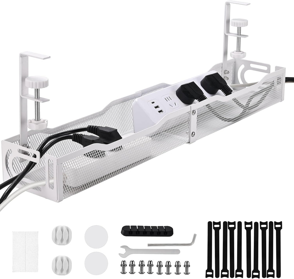 Under Desk Cable Management Tray 25.3 Inch – No Damage Install, Cord Organizer for Office & Home, Wire Organizer for Desk Storage, White