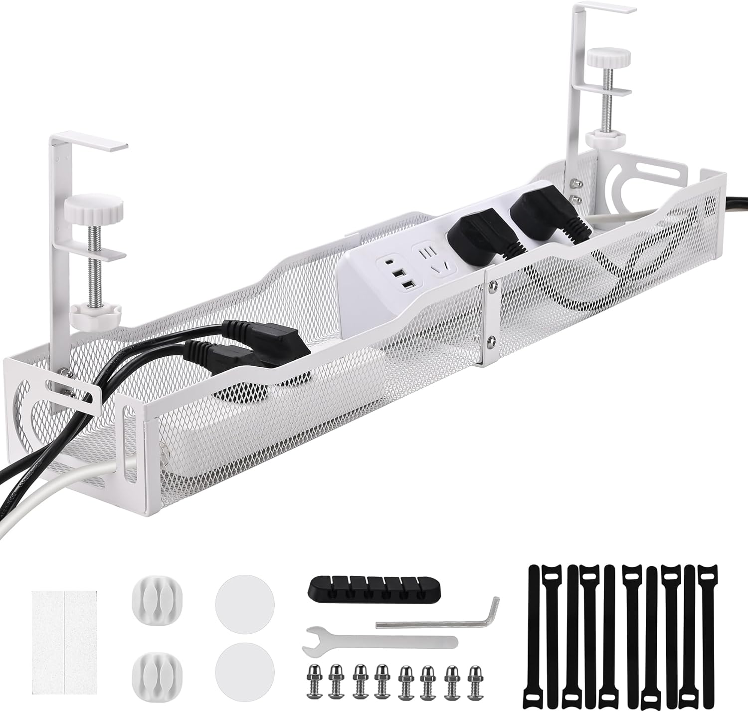 Under Desk Cable Management Tray 25.3 Inch – No Damage Install, Cord Organizer for Office & Home, Wire Organizer for Desk Storage, White
