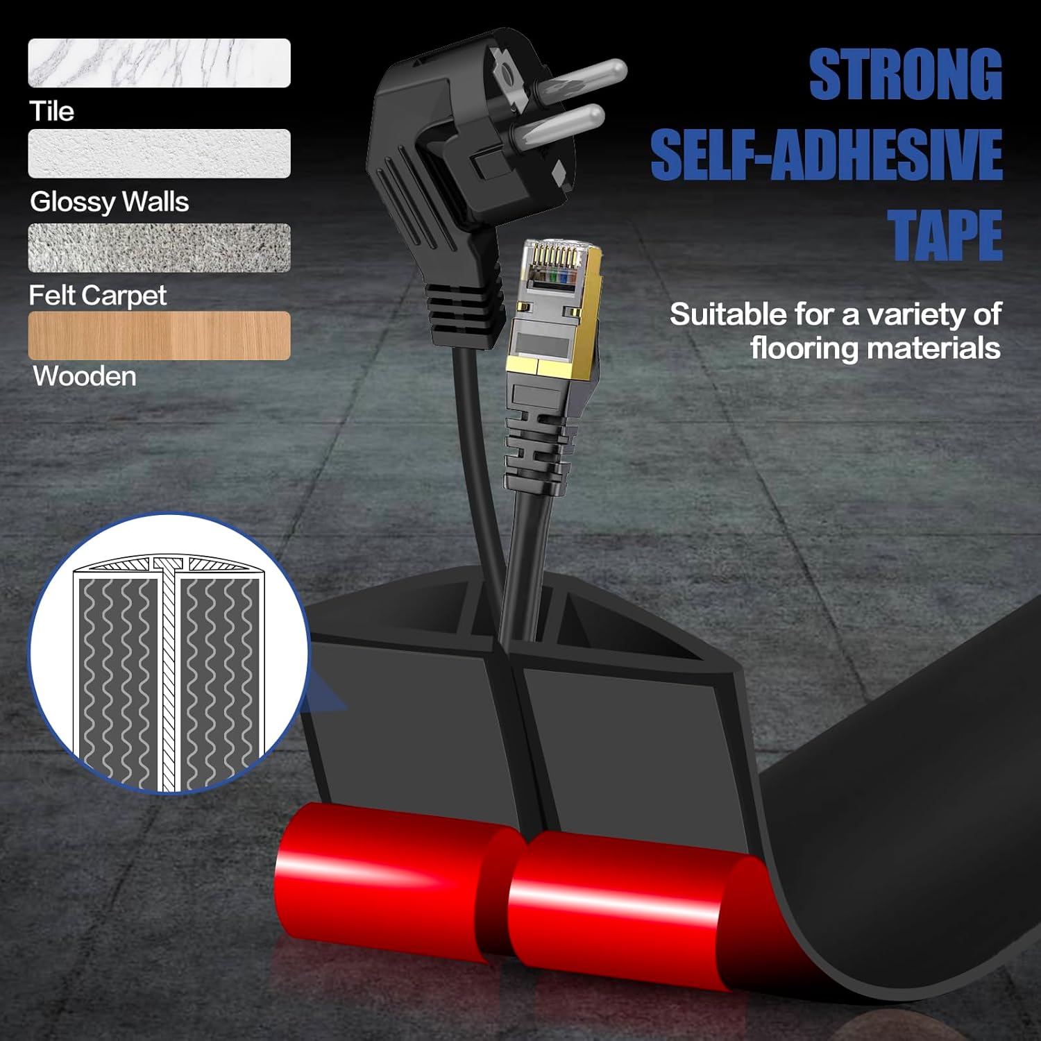 Floor Cord Cover Self Adhesive Cord Hider,10FT Cable Management, Extension Strip Protector for Wires, Prevent Cable Trips for Offices, Gyms, Exhibitions Cavity:0.47"(W) x 0.35"(H) Black